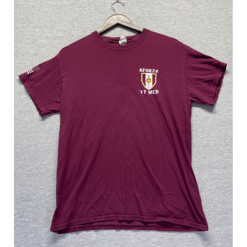 Gildan T Shirt Mens M Maroon Graphic KFOR 24 Task Force Medical Military Wolf